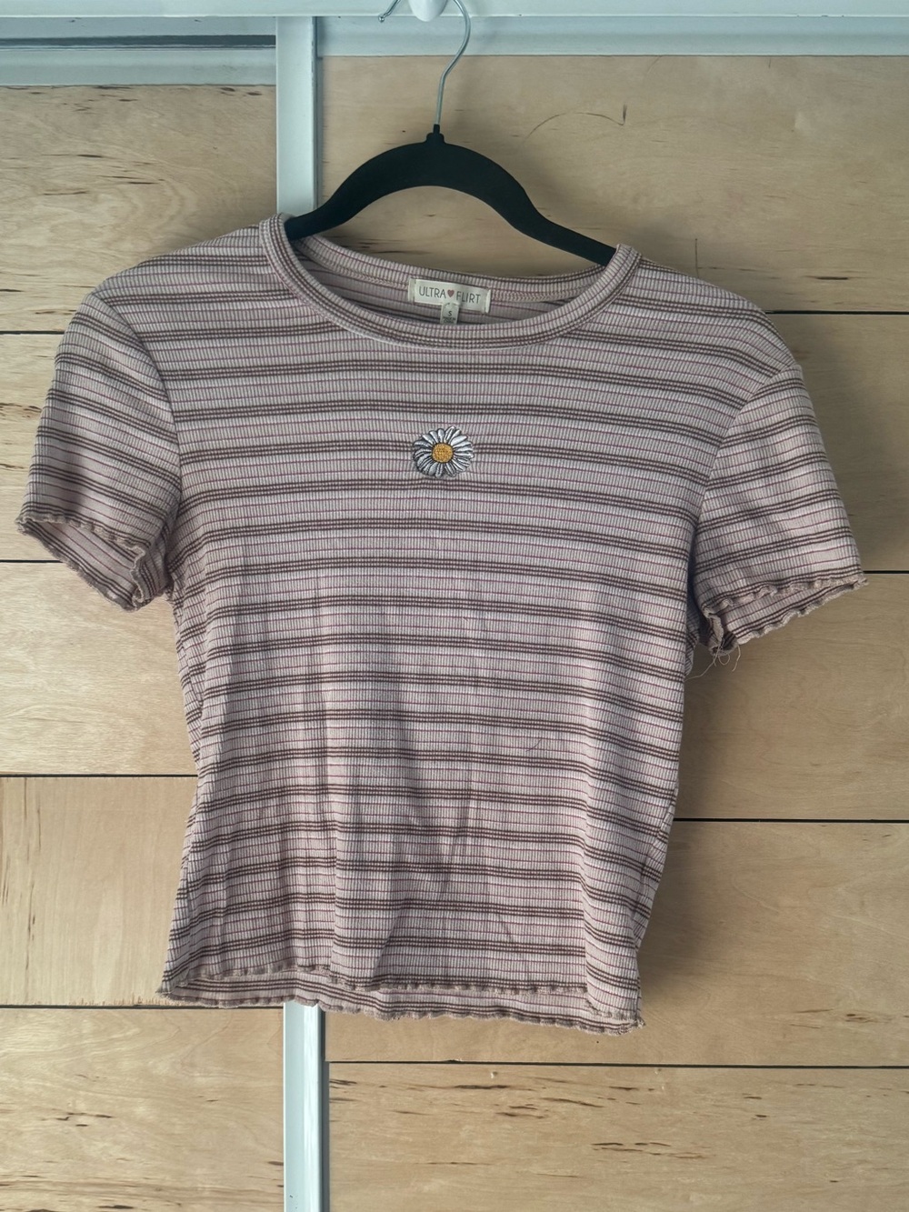 Ultra Flirt Blush Pink and Black Striped Ribbed Short Sleeve Tee